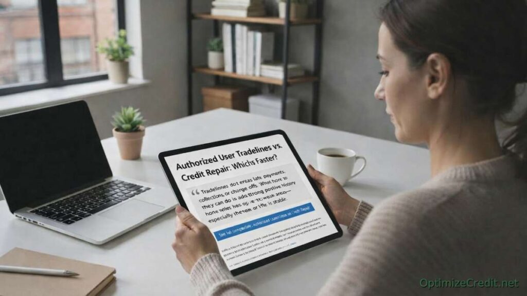 A person researching credit repair versus authorized user tradelines on a tablet, comparing fast vs. slow credit improvement strategies
